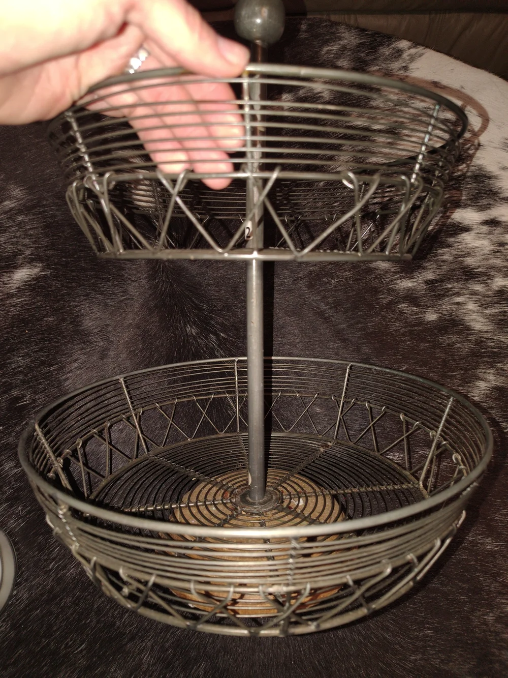 Vintage Rustic 2 Tier Wire Fruit Basket Stand Wood Base Countertop Organizer 15